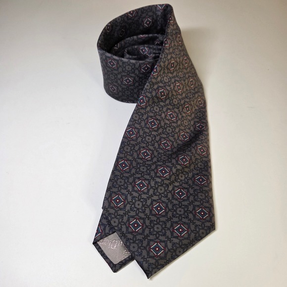 Christian Dior Other - Christian Dior Mens Silk Tie Grey Burgundy Blue Geometric Medallion Italy Fabric